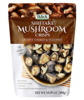 DJ&A Shiitake Crisps pack shot showing a ready-to-eat fibre-rich snack option.