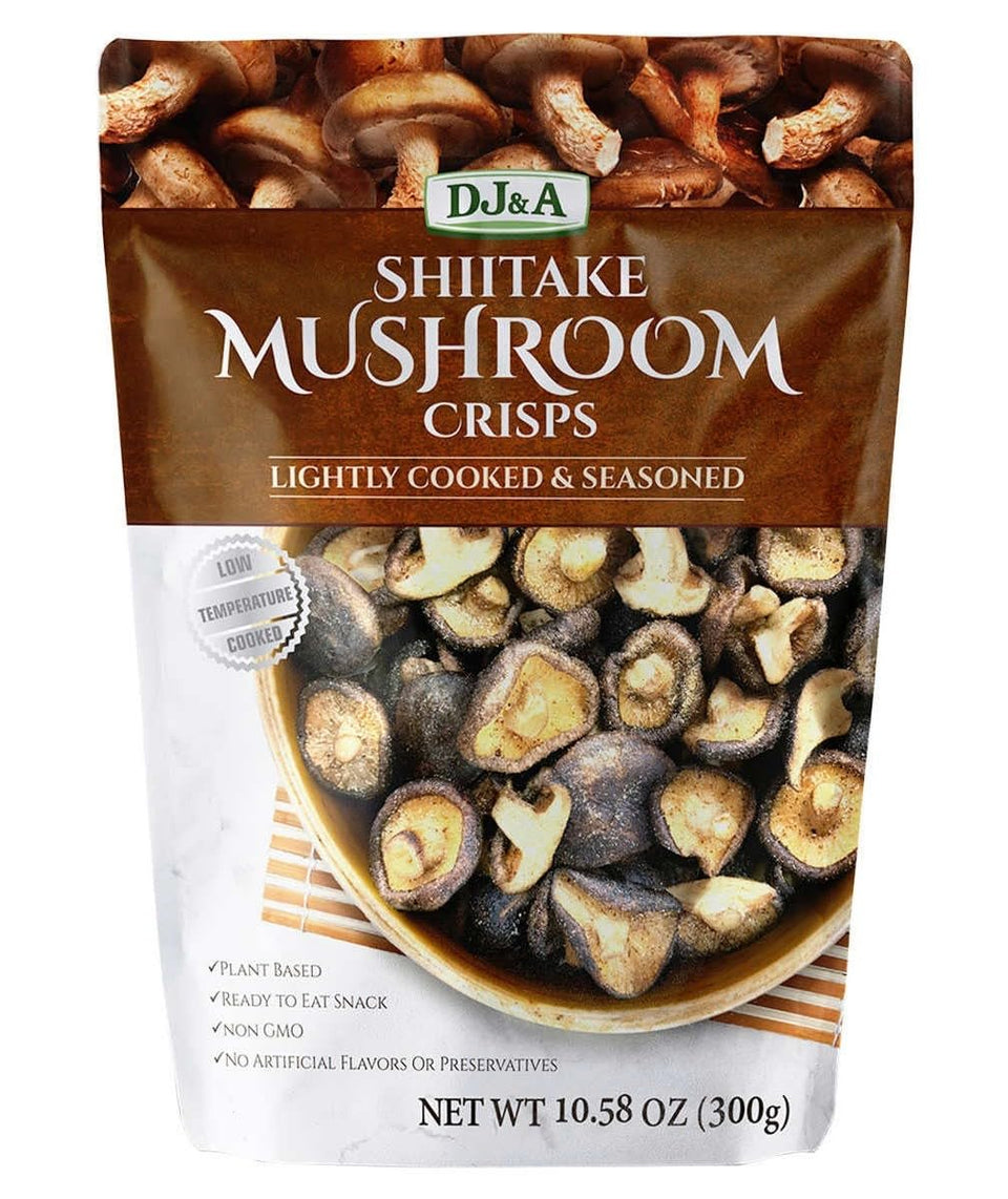 DJ&A Shiitake Crisps pack shot showing a ready-to-eat fibre-rich snack option.
