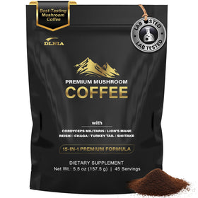 DLNIA mushroom coffee canister with premium blend for steady energy.