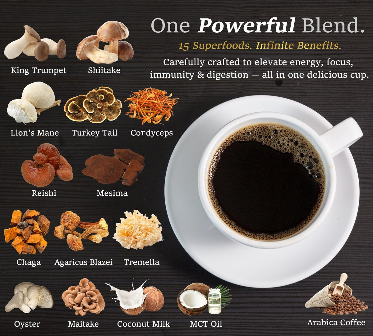DLNIA mushroom coffee cup steaming, signaling smooth flavor and focused alertness.