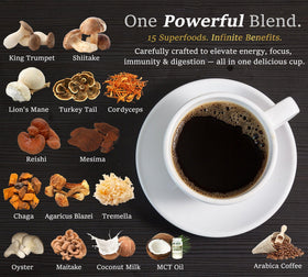 DLNIA mushroom coffee cup steaming, signaling smooth flavor and focused alertness.