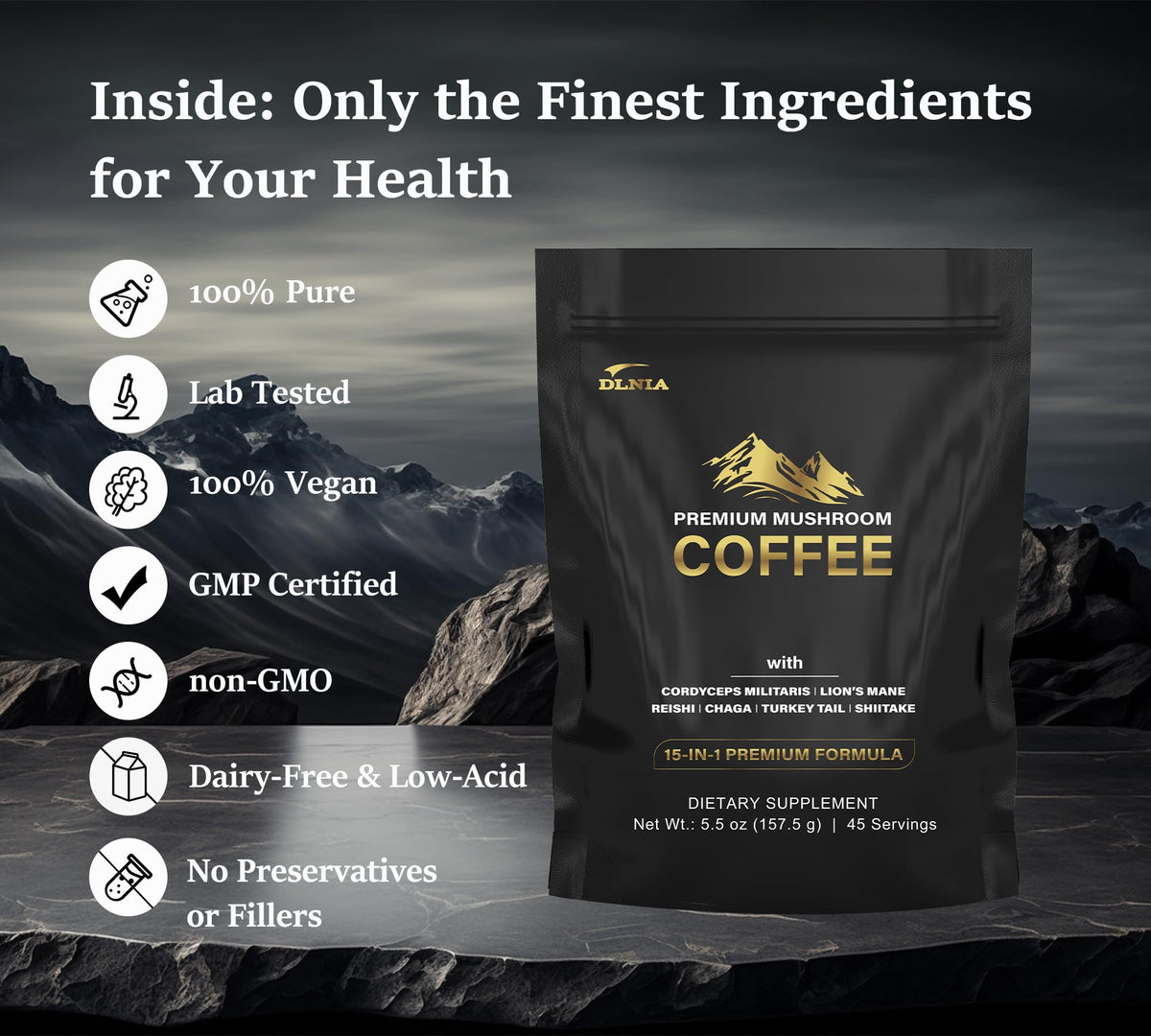 DLNIA mushroom coffee spoon with powder highlighting 12-adaptogenic mushrooms for daily support.