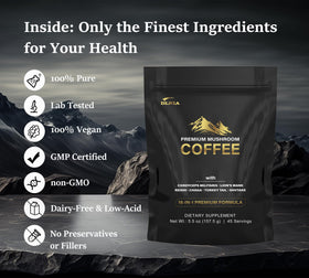 DLNIA mushroom coffee spoon with powder highlighting 12-adaptogenic mushrooms for daily support.