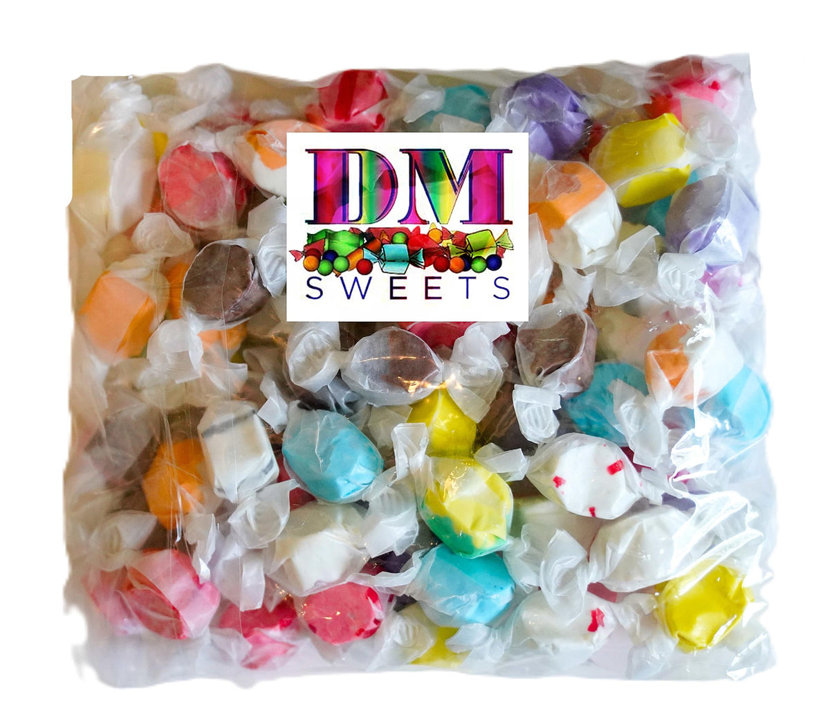 DM Sweets Assorted Salt Water Taffy chocolate close-up—creamy texture and rich flavor in every bite.