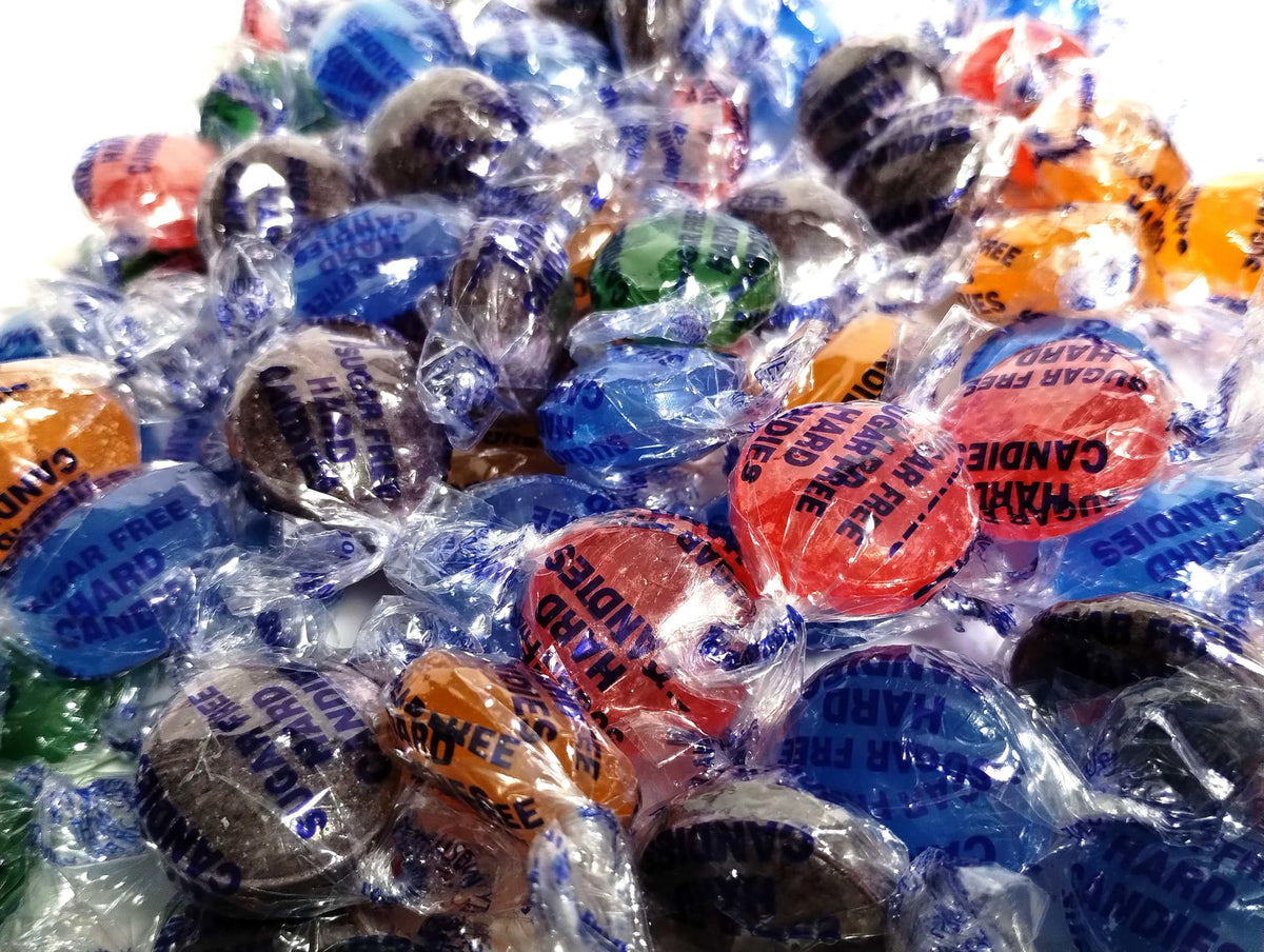 DM Sweets Assorted Sugar Free Fruit Candy Buttons — colorful display highlights flavor variety.