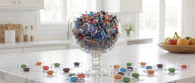 DM Sweets Assorted Sugar Free Fruit Candy Buttons — flavor variety banner implies cherry lemon orange lime.