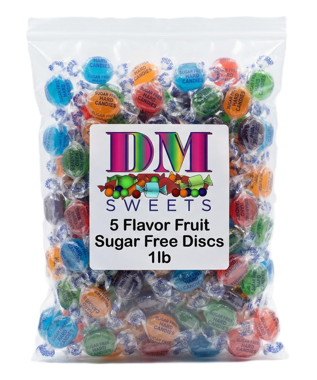 DM Sweets Assorted Sugar Free Fruit Candy Buttons — wrapper closeup shows vibrant flavors for health-conscious snacking.