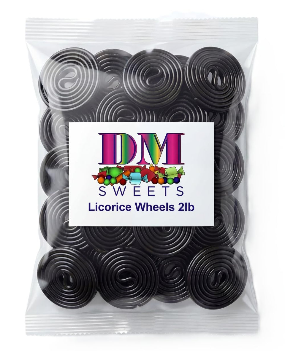 DM Sweets Black Licorice Wheels bag front for bulk snacking.