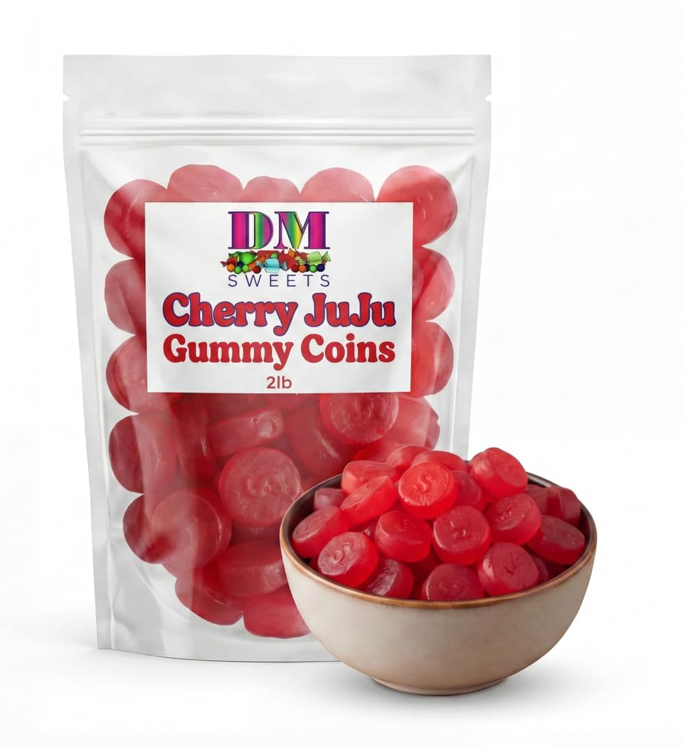 DM Sweets Cherry JuJu coins poured on a table, ideal for candy buffets and party favors.