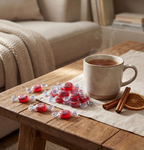 Closeup of DM Sweets cinnamon hard candy wrapped for freshness