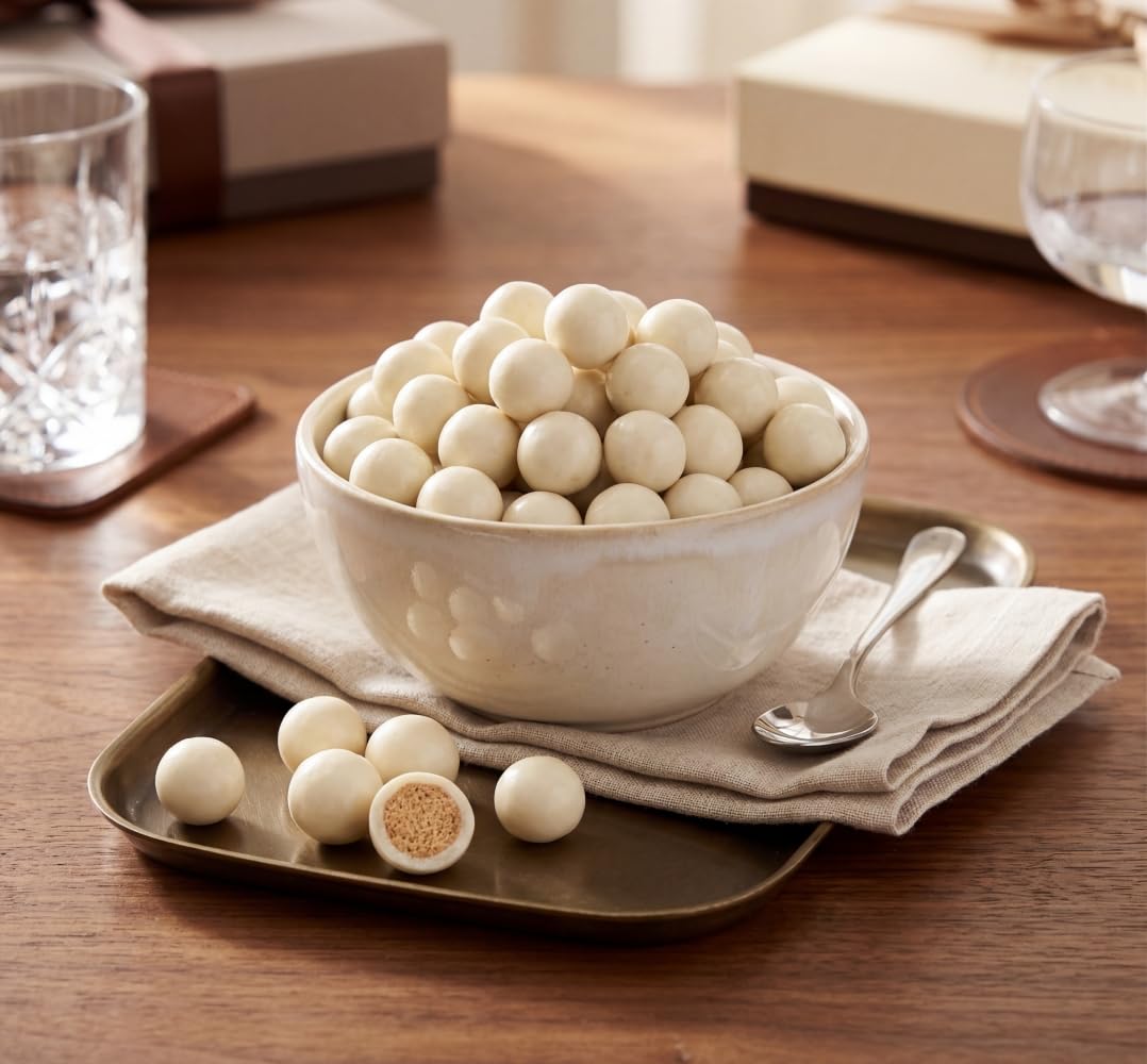Crunchy malt center contrasts with creamy coating for a satisfying bite