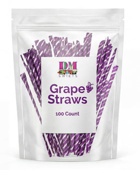 DM Sweets grape sour straw closeup showing tangy purple powder and flavor note