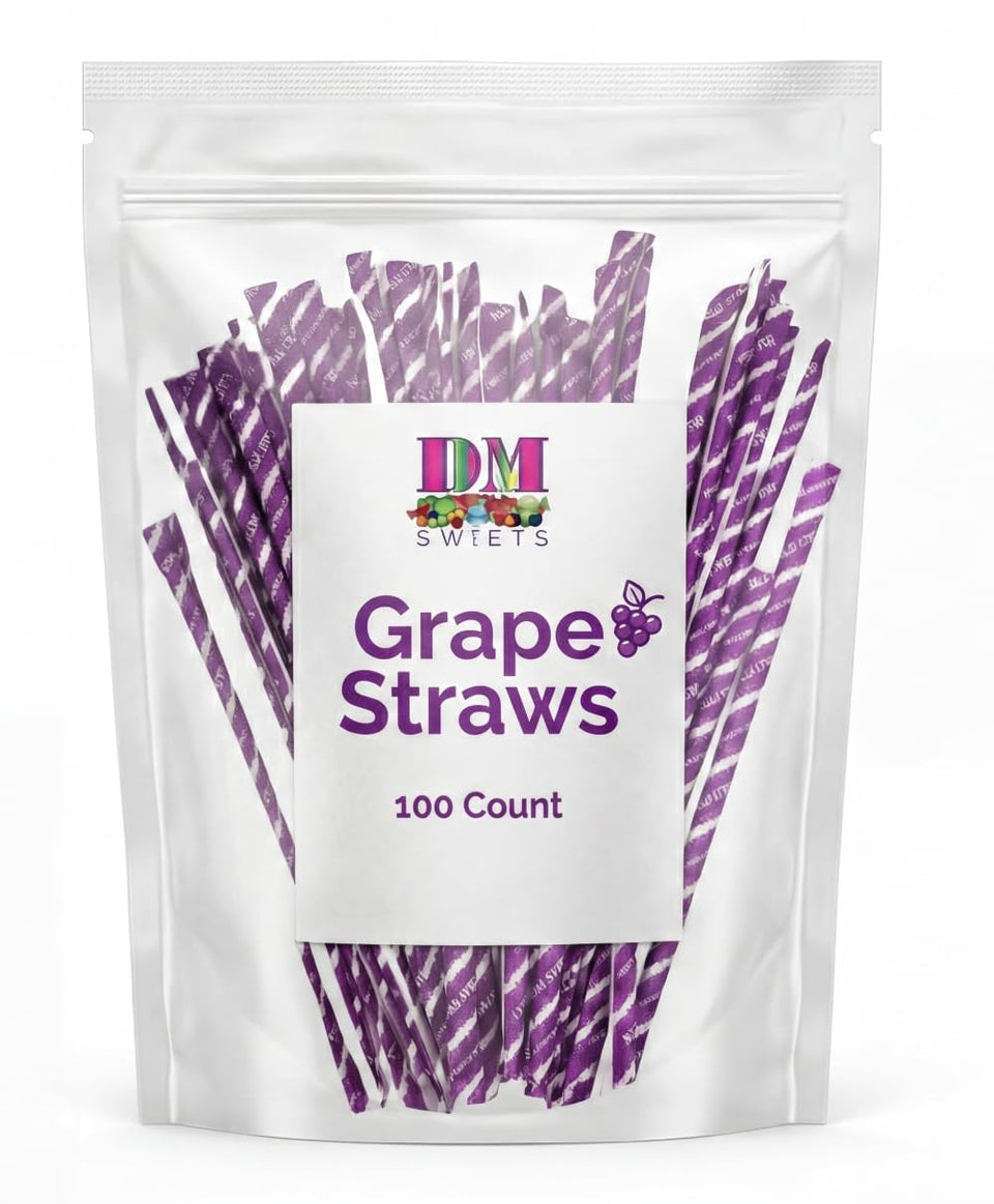 DM Sweets grape sour straw closeup showing tangy purple powder and flavor note