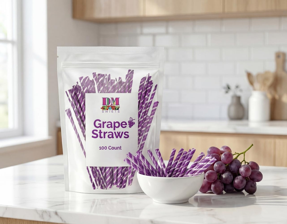 Inside view of DM Sweets grape sour straw with individually wrapped freshness
