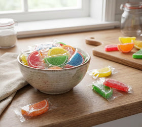 DM Sweets jelly slices blue raspberry, tangy soft jellies for desserts.