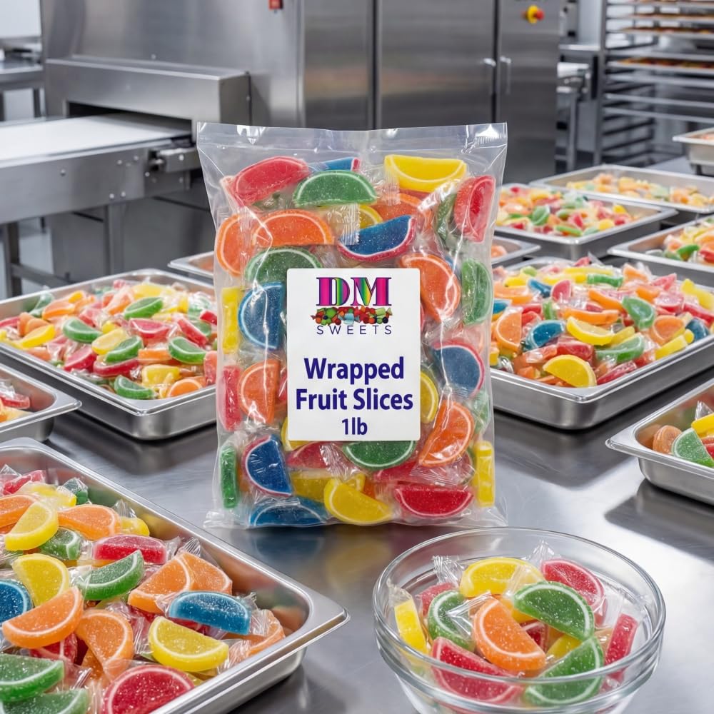 DM Sweets jelly slices cherry, chewy colorful treat for celebrations.