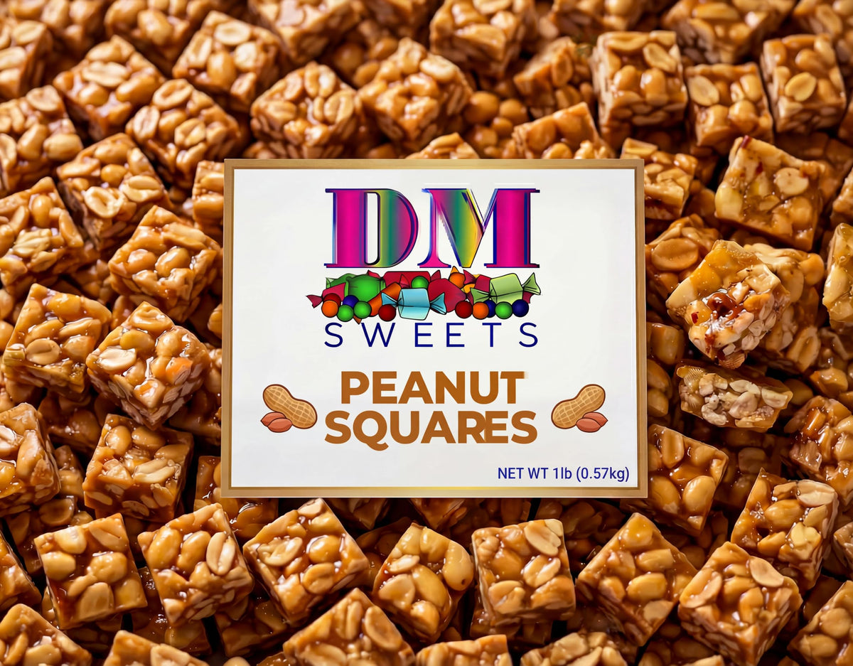 DM Sweets Old-Fashioned Peanut Squares front label, perfect for gifting nostalgia.