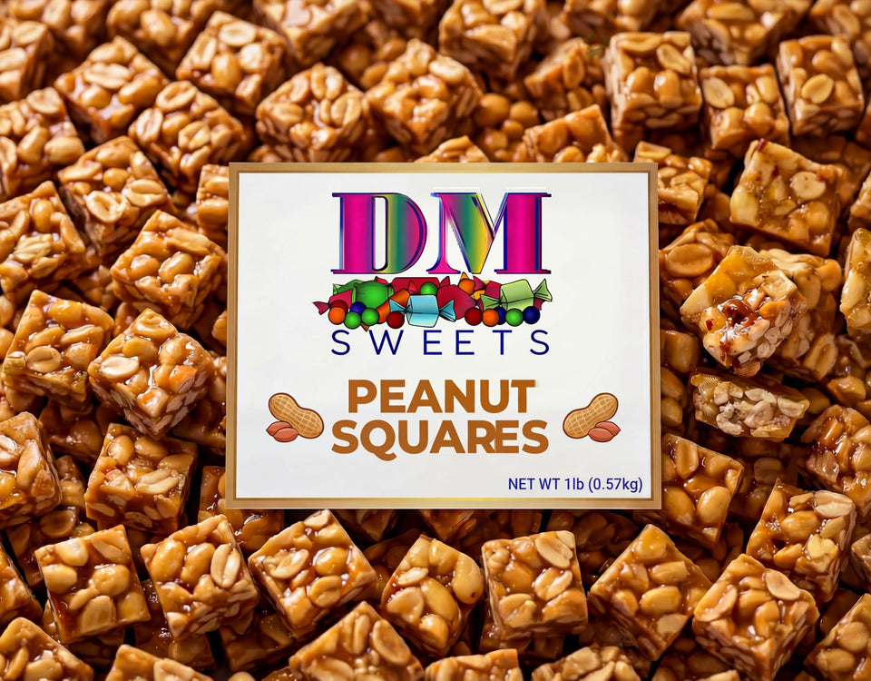 DM Sweets Old-Fashioned Peanut Squares front label, perfect for gifting nostalgia.