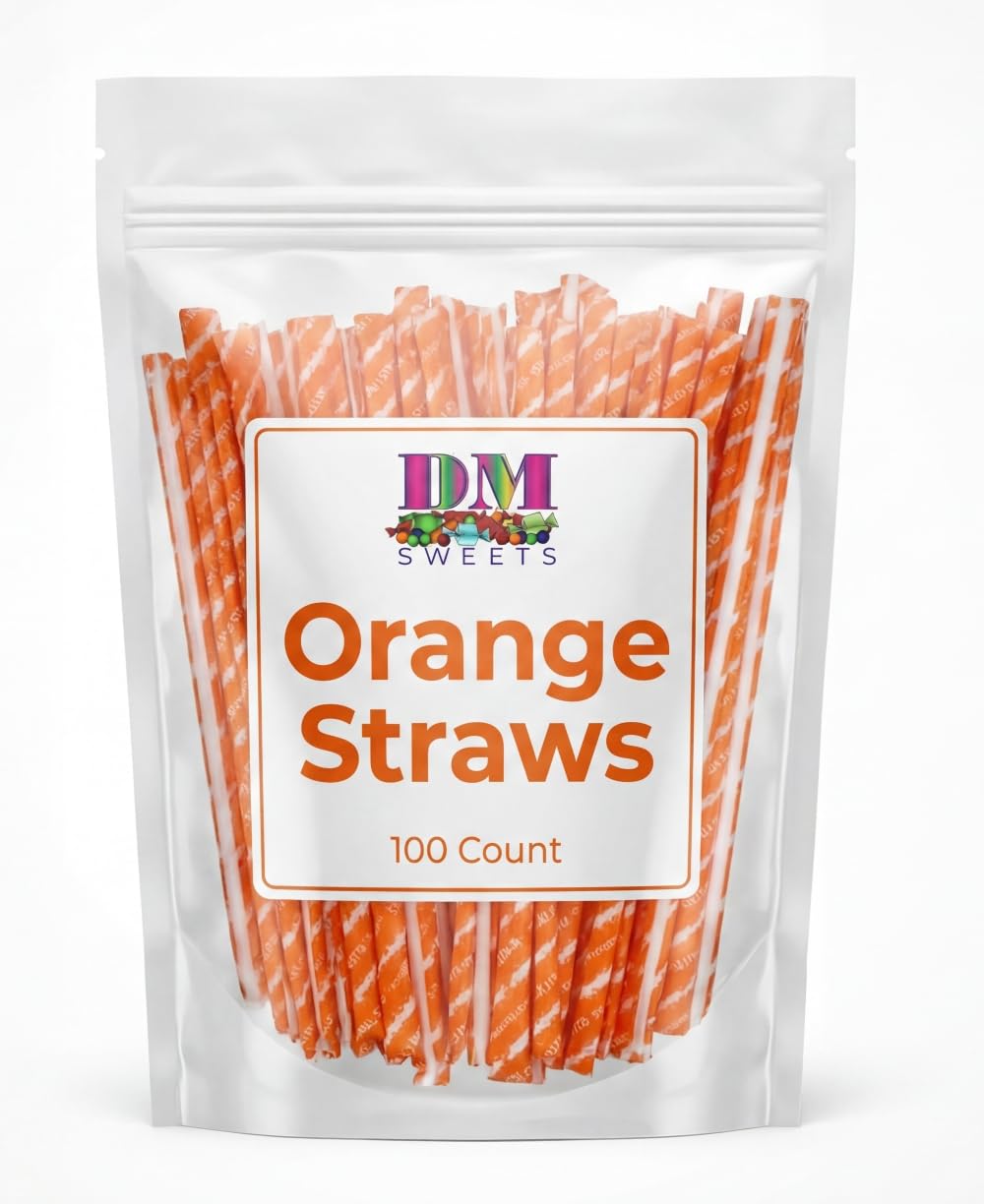 DM Sweets orange sour powder straws show bright citrus flavor for party favors.