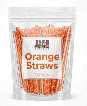 DM Sweets orange sour powder straws show bright citrus flavor for party favors.