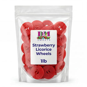 DM Sweets Premium Strawberry Licorice Wheels in resealable 1 lb bag for freshness