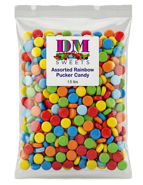 DM Sweets rainbow pucker candies shown in an assorted bag for party snacking