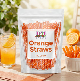 DM Sweets sealed orange powder straws preserve freshness and flavor.