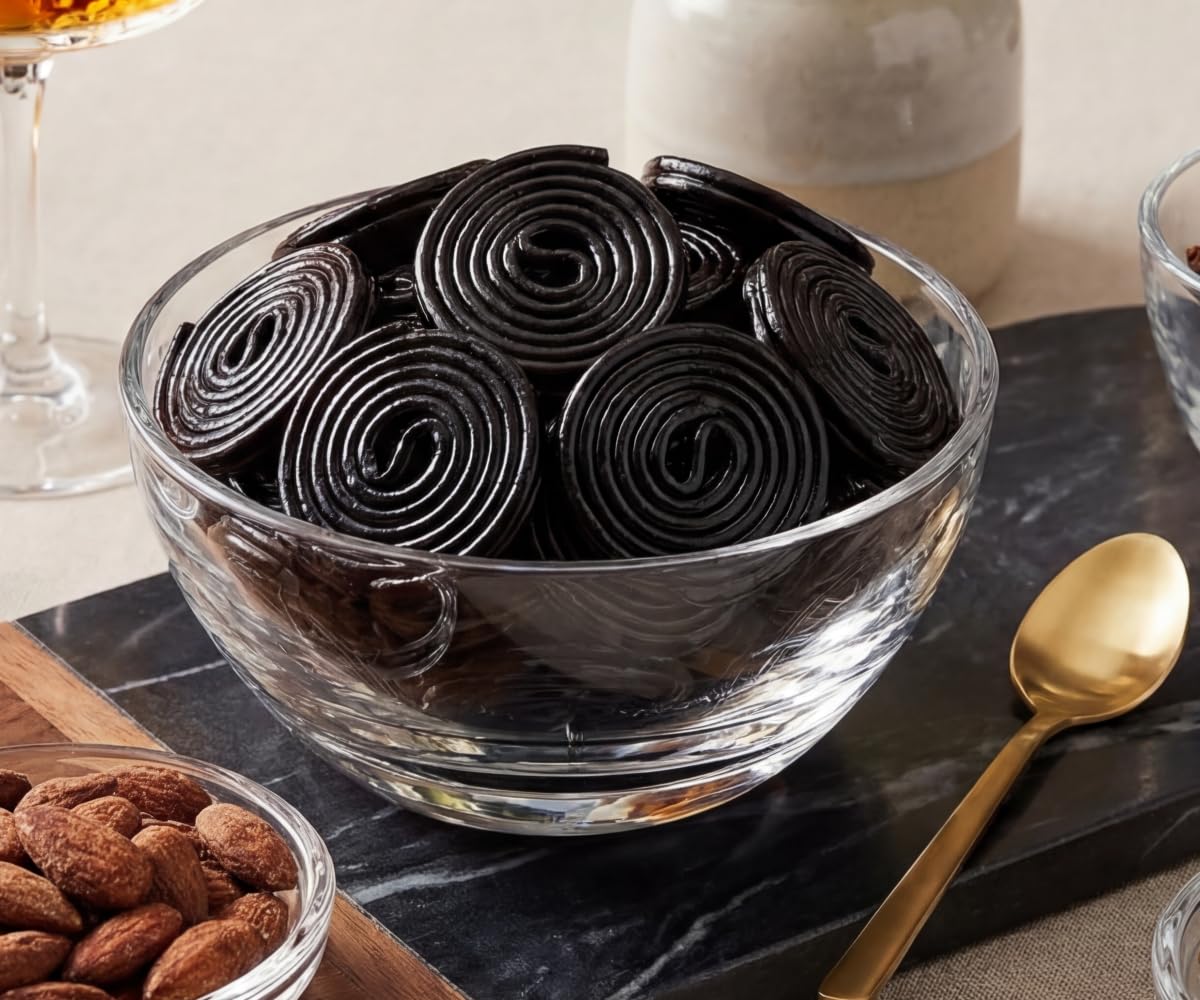 DM Sweets Soft Chewy Licorice Wheels close-up showing texture and gloss.