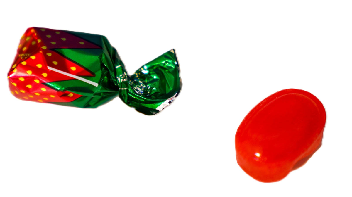 DM Sweets Strawberry Bon Bons classic red foil wrappers evoke nostalgic charm.