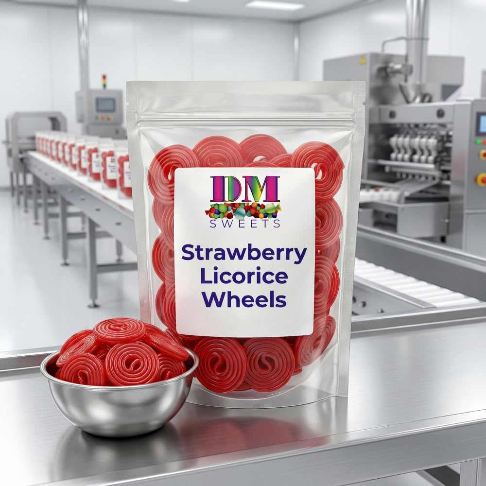 DM Sweets strawberry licorice wheels spirals arranged on a candy board
