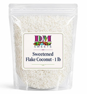 DM Sweets Sweetened Flake Coconut bag front shows premium shredded texture for cookies.