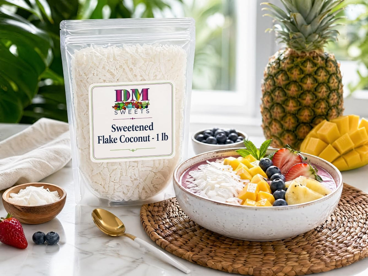 DM Sweets Sweetened Flake Coconut bag pour demonstrates easy-to-use flakes.