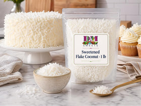 DM Sweets coconut flakes poured over a bowl demonstrates even blending.