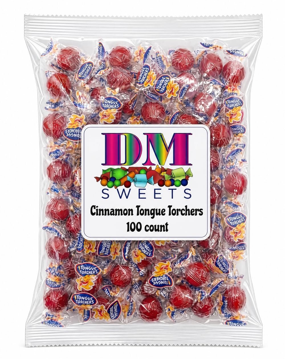 DM Sweets Tongue Torchers Cinnamon Candy bag—bold red color adds retro charm.