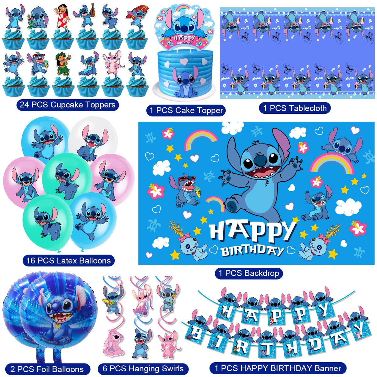 DMORED Stitch balloons, swirls, and toppers add color to festive celebrations.