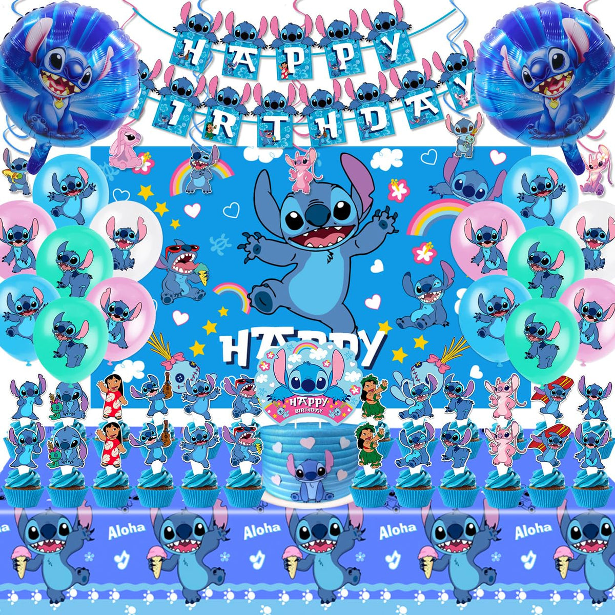 DMORED Stitch banner and backdrop for a bright, photo-ready party.