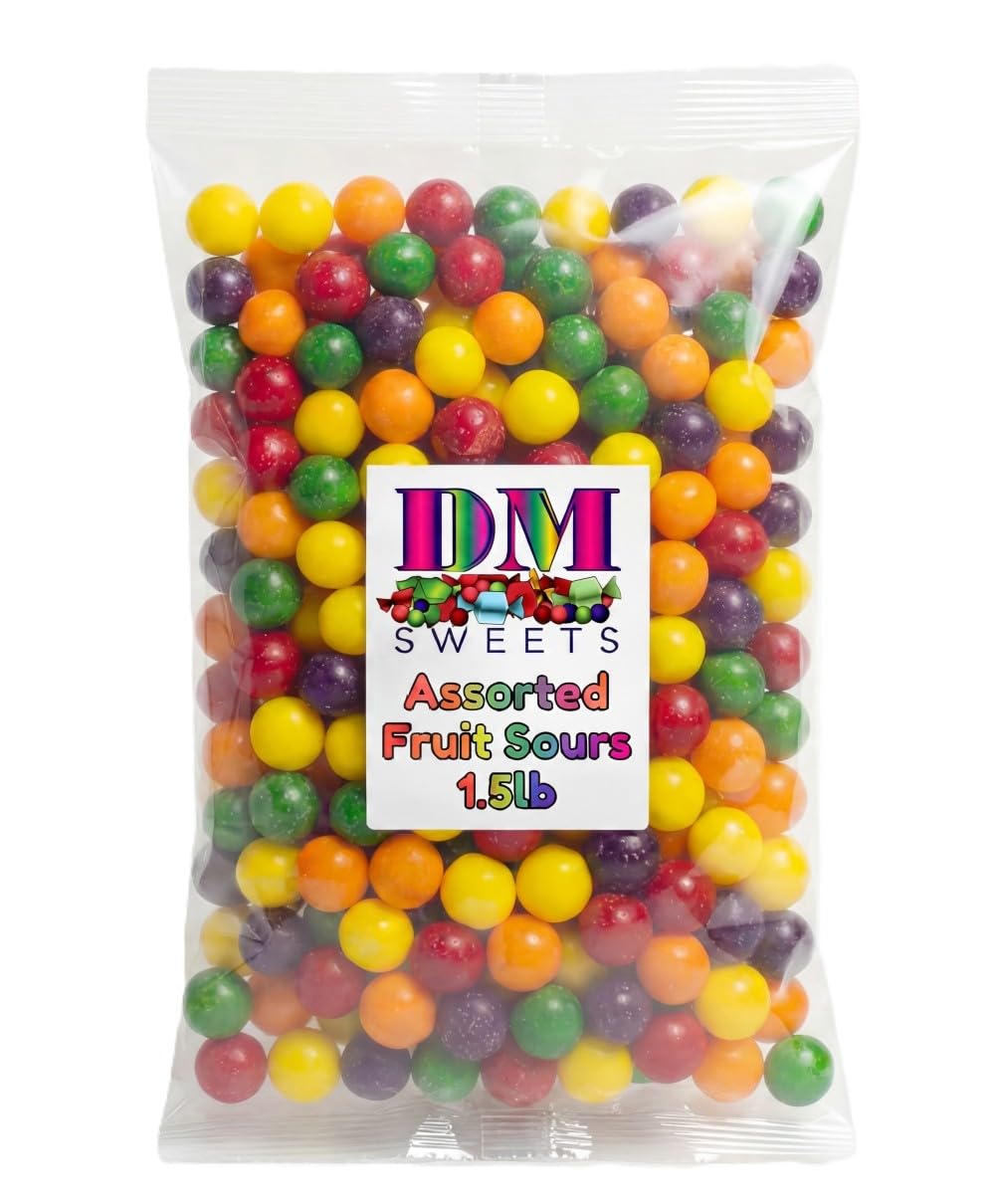DM Sweets Assorted Fruit Sours bag with colorful flavors for party snacking.