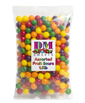 DM Sweets Assorted Fruit Sours bag with colorful flavors for party snacking.