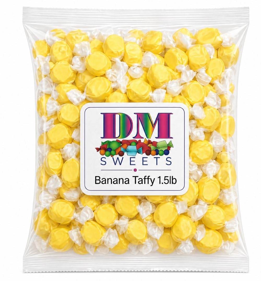 DM Sweets Banana Taffy bulk bag front, ideal for parties and bulk snacking.
