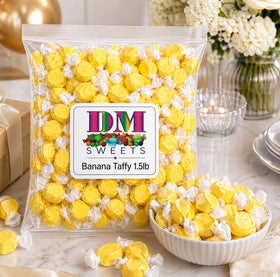 DM Sweets Banana Taffy party table display with crowd-pleasing melt-in-your-mouth texture.