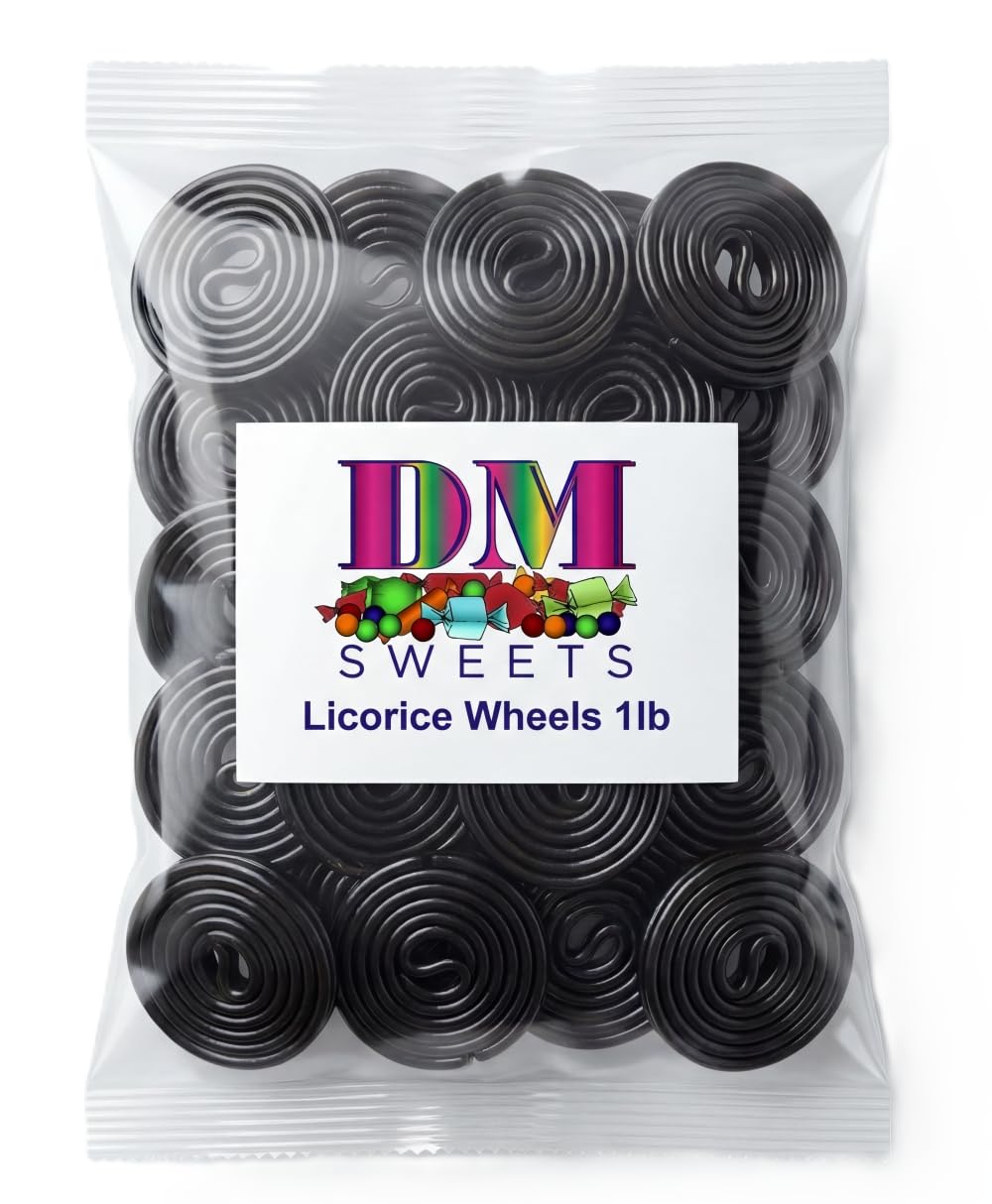 DM Sweets Black Licorice Wheels closeup showing glossy finish and chewy texture for snacking