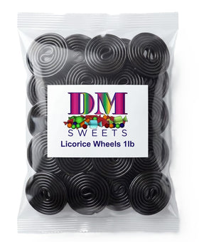 DM Sweets Black Licorice Wheels closeup showing glossy finish and chewy texture for snacking