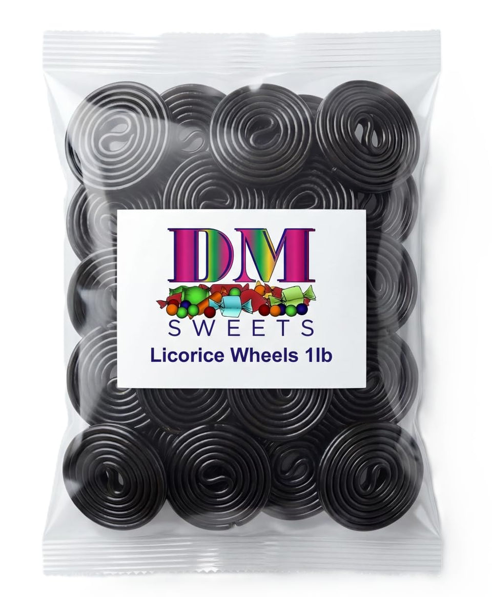 DM Sweets Black Licorice Wheels closeup showing glossy finish and chewy texture for snacking