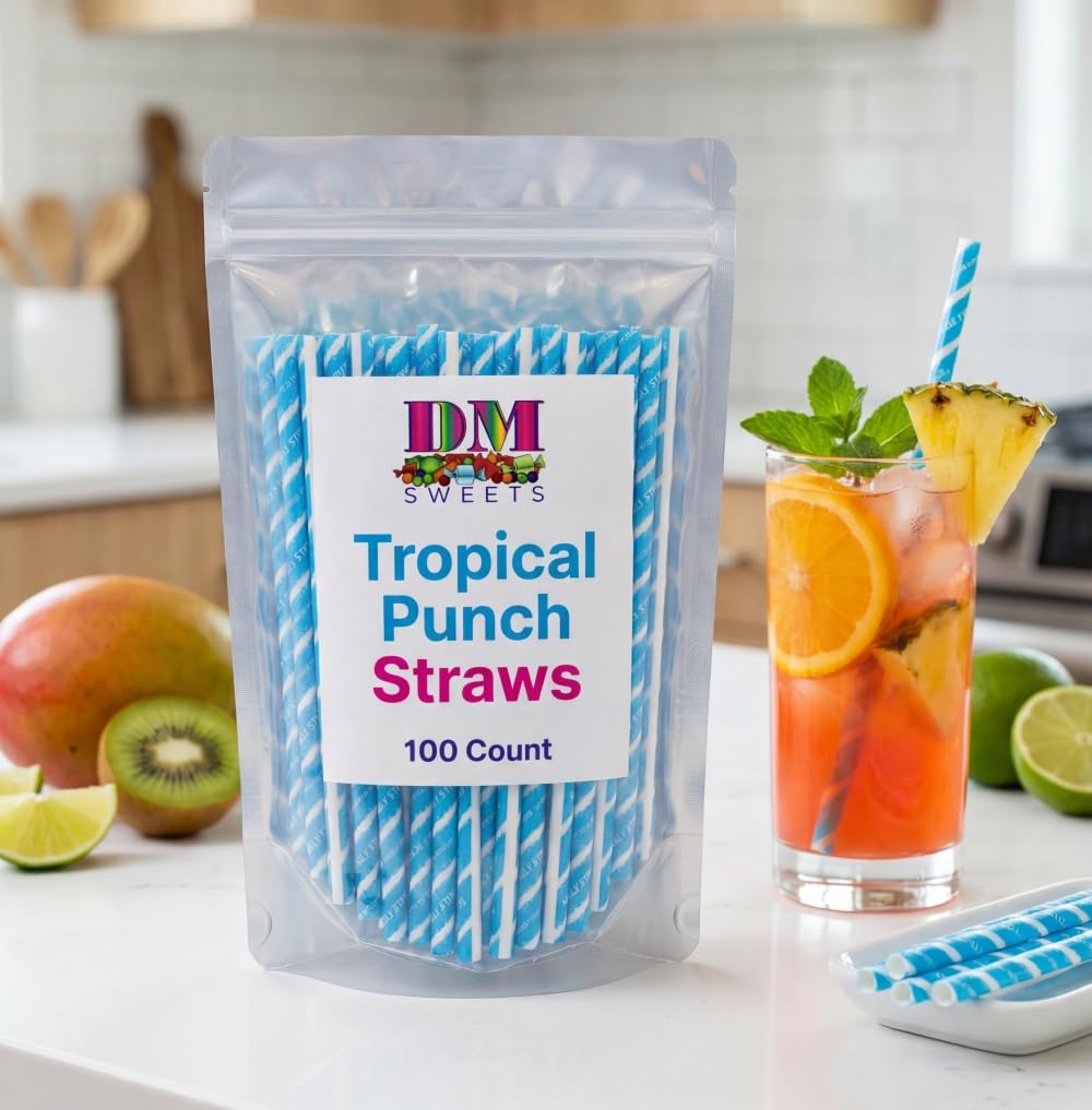DM Sweets blue tropical punch straw close-up highlighting powder texture