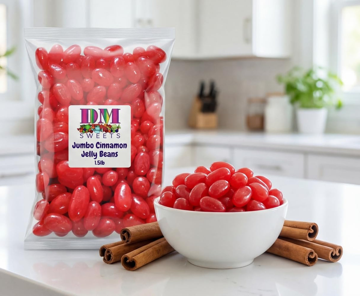 DM Sweets Cinnamon Jelly Beans closeup shows glossy red shells