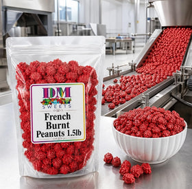 DM Sweets French Burnt Peanuts candy shell close-up highlighting crunchy, nostalgic bite