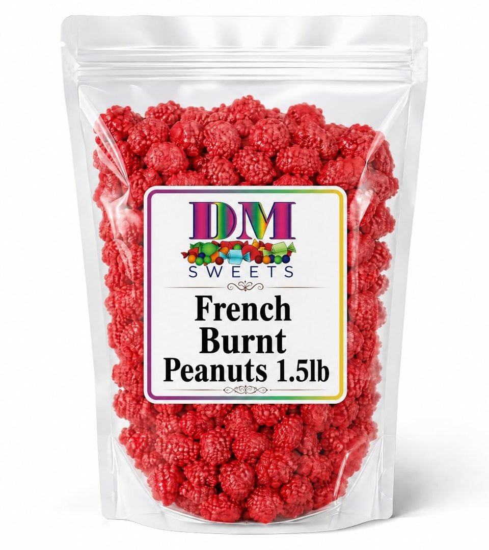 DM Sweets French Burnt Peanuts pack front showing bold red coating for colorful snacking