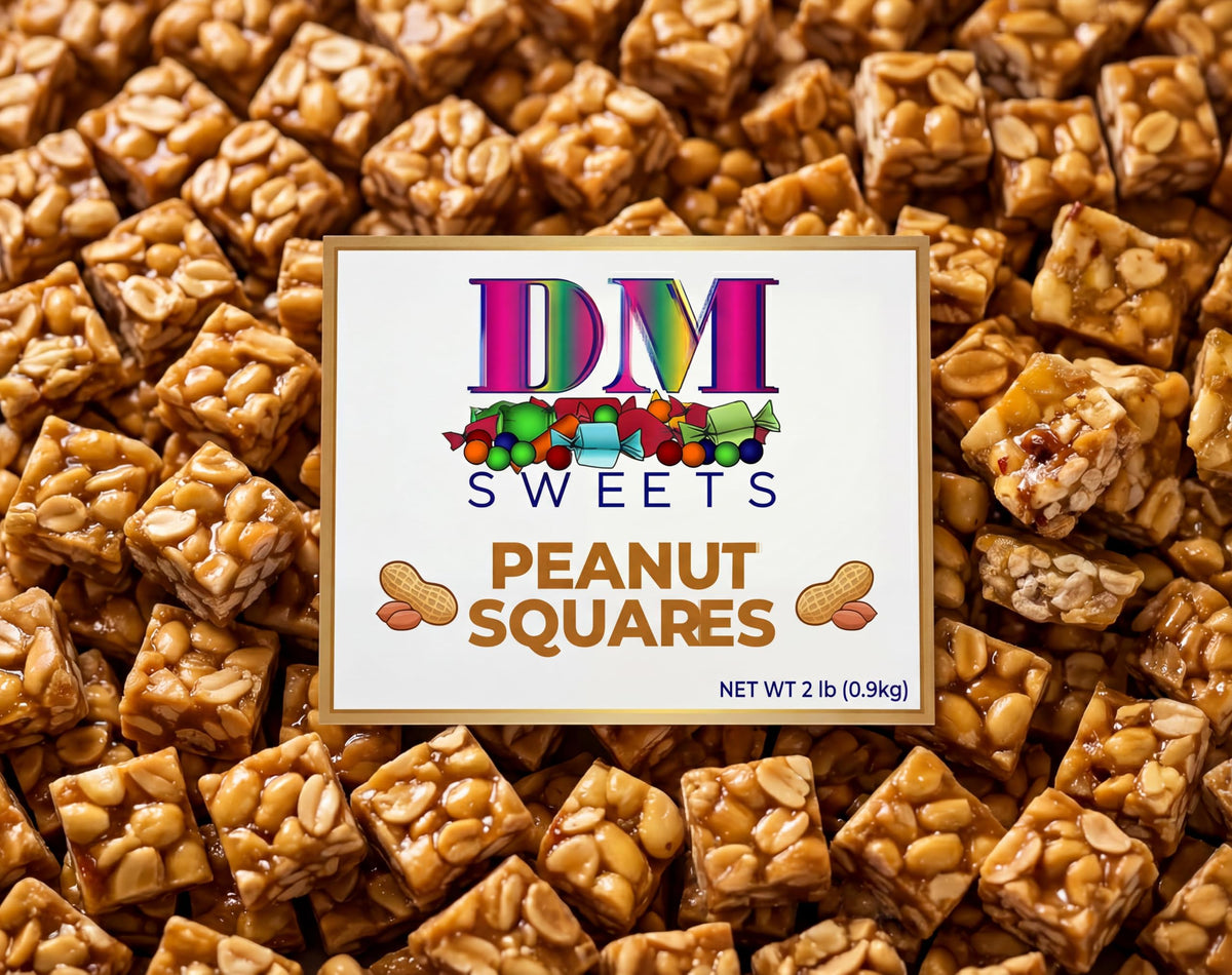 DM Sweets Old-Fashioned Peanut Squares in resealable bag for fresh snacking.