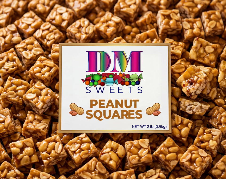 DM Sweets Old-Fashioned Peanut Squares in resealable bag for fresh snacking.