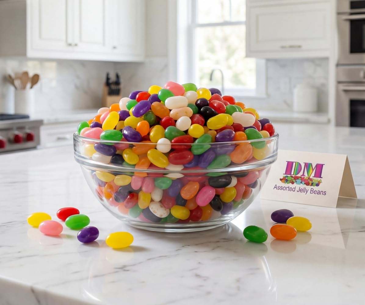 DM Sweets party candy buffet setup with colorful jelly beans.